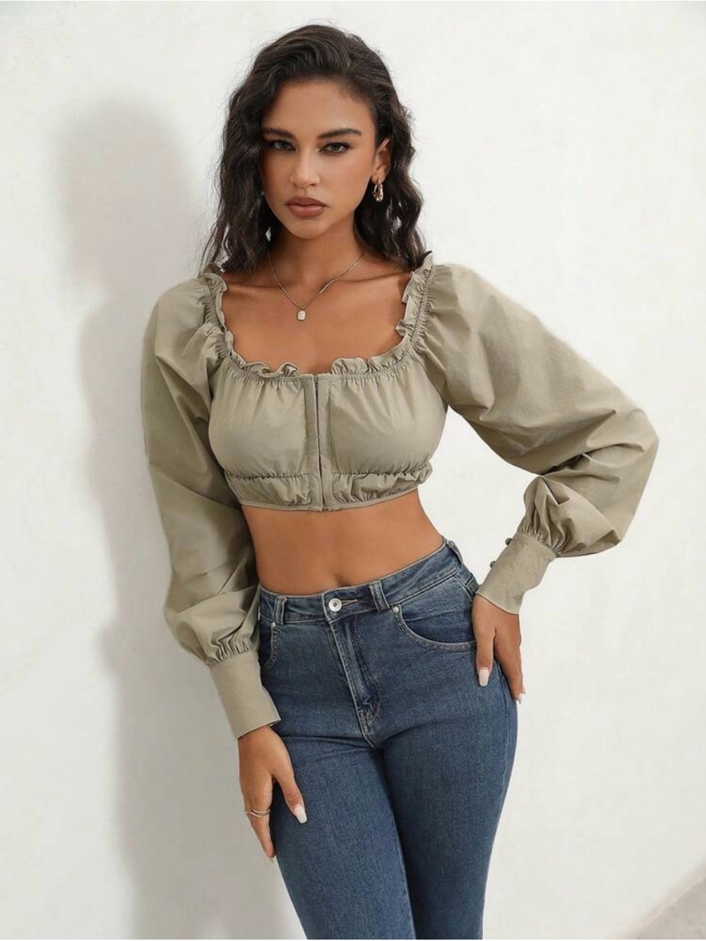 Cropped Ruffled Long-Sleeve Top in Khaki NWOT